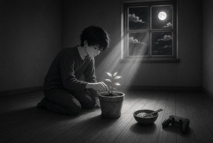 A monochrome illustration of a young man kneeling in a dark room, gently touching a small potted plant illuminated by moonlight streaming through a window, with a bowl of rice and a game controller on the floor beside him.