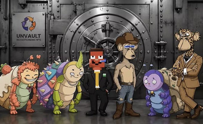 A group of cartoon NFT characters from the Unvault Revolutionizing NFTs collection poses in front of a large metal vault door, featuring various animal and humanoid figures.