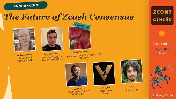 An orange promotional poster announcing 'The Future of Zcash Consensus' at ZCON7 Cancún (October 27-29, 2026), featuring panelists Daira-Emma, Taylor Hornby, Andrew Miller (moderator), Zooko, Dev Ojha, and Arya.