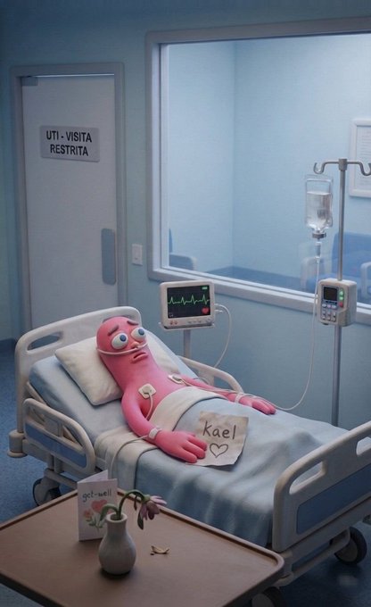 A pink alien-like creature lies in a hospital bed with ECG monitors and an IV, with a paper reading 'Kael' and a heart drawn on it, set in a room marked 'UTI - VISITA RESTRITA'.