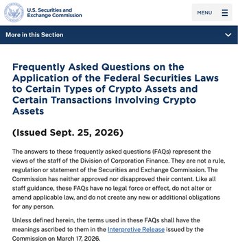 A U.S. Securities and Exchange Commission webpage titled 'Frequently Asked Questions on the Application of the Federal Securities Laws to Certain Types of Crypto Assets and Certain Transactions Involving Crypto Assets,' issued September 25, 2026.