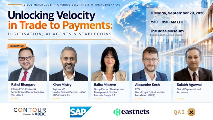 An event promotional banner for 'Unlocking Velocity in Trade to Payments' at SIBOS Miami 2026, featuring moderators and speakers including Rahul Bhargava, Kiran Mistry, Baiba Mezere, Alexandre Kech, and Sulabh Agarwal, with logos for Contour, SAP, eastnets, and QAI.
