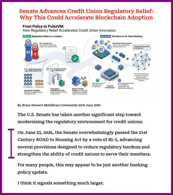 The image features a poster or infographic about credit union regulation changes, specifically explaining why the U.S. Senate should modernize regulations to accommodate credit unions exploring new financial infrastructure like stablecoins and blockchain-powered banking. It indicates that this information is relevant in today's financial landscape.