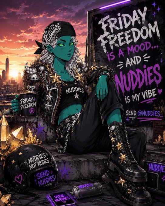 A digital illustration of a green-skinned, punk-style female character with silver hair, holding a mug that says 'FRIDAY FREEDOM', surrounded by graffiti-style text reading 'FRIDAY FREEDOM is a mood... and NUDDIES is my vibe' with various merchandise items.