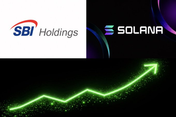 The image displays the "SBI Holdings" and "SOLANA" logos side by side above a glowing green upward arrow, symbolizing the announcement that Japan's SBI is building an on-chain financial market on Solana featuring Yen-backed stablecoins, tokenized real-world assets, and cross-border payments.