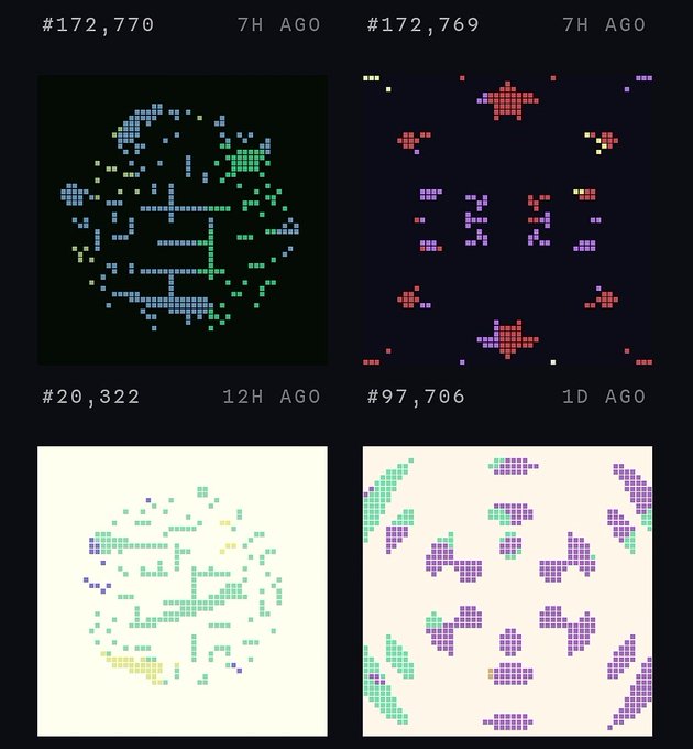 A collection of four pixel art designs numbered #172,770, #172,769, #20,322, and #97,706 featuring various mosaic-style patterns in blue, green, purple, and red.