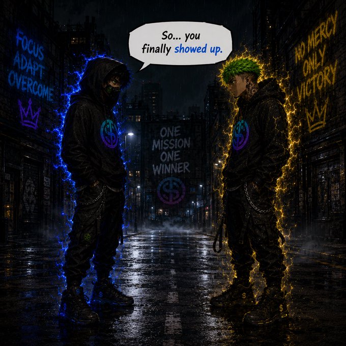 A digital illustration of two hooded figures facing each other on a rainy city street, one surrounded by blue electricity with graffiti saying 'FOCUS ADAPT OVERCOME', the other surrounded by golden energy saying 'NO MERCY ONLY VICTORY', with a speech bubble reading 'So... you finally showed up.' and 'ONE MISSION ONE WINNER' between them.