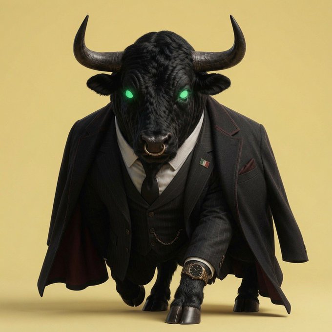 A surreal image of a black bull with glowing green eyes wearing a dark pinstripe suit, red-lined cape, and a wristwatch, with an Italian flag lapel pin.