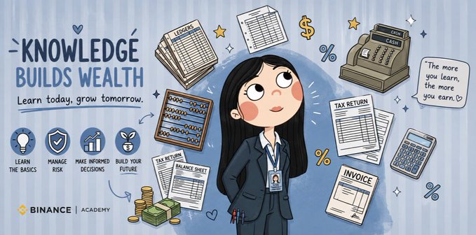 An illustration for Binance Academy titled 'KNOWLEDGE BUILDS WEALTH' featuring a cartoon woman in a business suit surrounded by financial documents and icons.