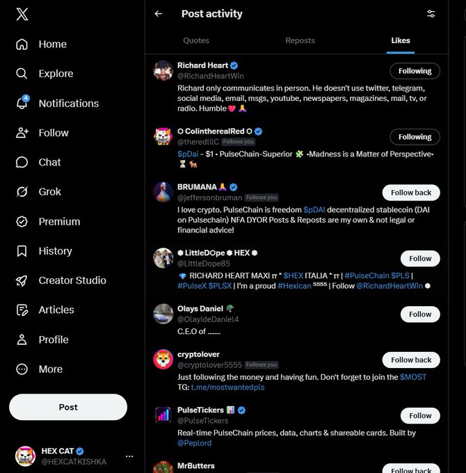 A screenshot of the X (formerly Twitter) 'Post activity' Likes page, showing crypto-related accounts like @RichardHeartWin, @theredtitc, and @jeffersonbruman, with the user logged in as 'HEX CAT' (@HEXCATKISHKA).