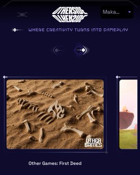 The image displays a screenshot from the Otherside website featuring a desert scene with scattered dinosaur bones and the text "Other Games: First Deed," alongside "WHERE CREATIVITY TURNS INTO GAMEPLAY." This ties to the post celebrating a year of @OthersideMeta development by @yugalabs, highlighting the project's ongoing evolution and the community's excitement around its detail-oriented progress.