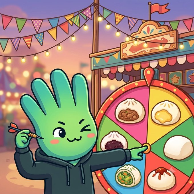 A cheerful green cartoon hand character in a hoodie holds a brush and spins a colorful prize wheel filled with various steamed buns (baozi) at a festive carnival stall decorated with bunting flags and string lights. The whimsical illustration ties into the post's playful poll asking followers to guess which bun represents CZ (Changpeng Zhao of Binance).