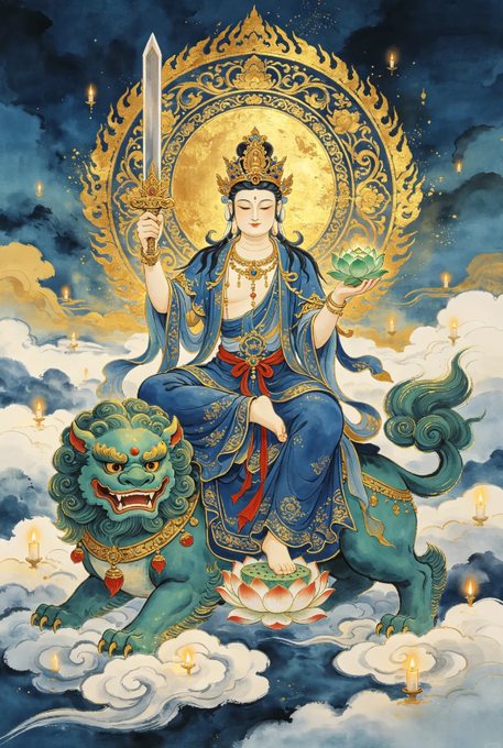 A divine Buddhist deity adorned in celestial robes sits atop a roaring green lion, holding a radiant sword and a lotus, surrounded by floating candles and clouds—conveying a "good morning" message of strength, enlightenment, and protection.