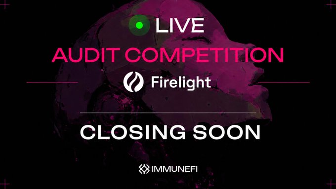 A promotional graphic for a 'LIVE AUDIT COMPETITION' hosted by Firelight via Immunefi, featuring pink and white text reading 'CLOSING SOON' over a dark marbled background.