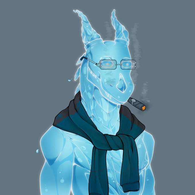 A digital illustration of an ice dragon or dragon-like creature wearing glasses, a scarf, and smoking a cigar against a gray background.