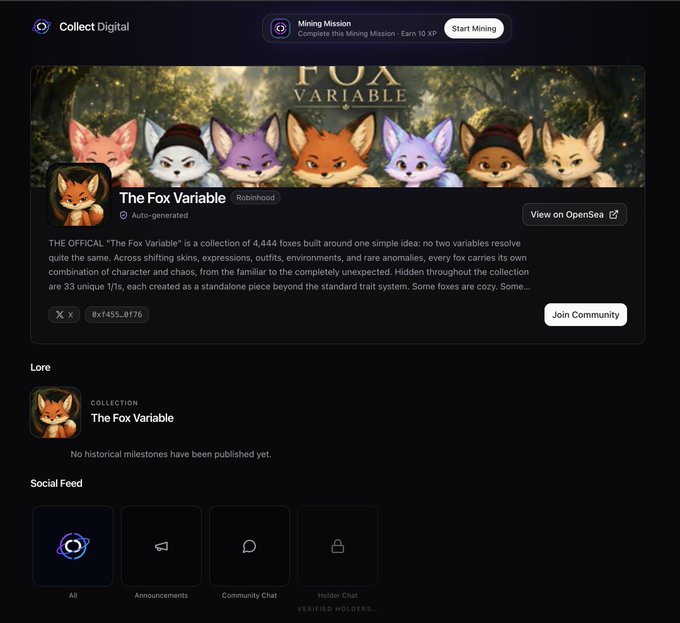 A screenshot of the Robihood NFT platform shows 'The Fox Variable' collection, described as 'THE OFFICIAL 'The Fox Variable' is a collection of 4,444 foxes built around one simple idea: no two variables resolve quite the same,' with a 'Start Mining' button for a Mining Mission.