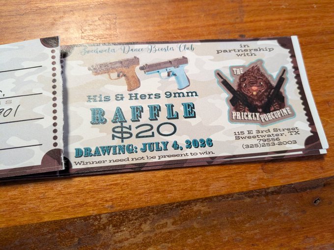 The image shows a black and white flyer for a raffle organized by the Florida Dance & Entertainment Club (FDE), featuring several prizes, including "His & Her 9mm Rifle", which is a toy gun. The flyer also includes an event date of July 4, 2008, and it states that drawing will take place at the club on August 5th. Several items are being offered in this raffle, with their prices provided as follows: $20 for drawings and $5 each for other prizes like toys.