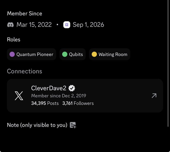 A Discord profile information panel showing 'Member Since' dates (Discord: Mar 15, 2022; platform: Sep 1, 2026), three roles: 'Quantum Pioneer' (purple), 'Qubits' (green), and 'Waiting Room' (yellow), and a Connections section featuring 'CleverDave2' (Member since Dec 2, 2019) with 34,395 Posts and 3,761 Followers.