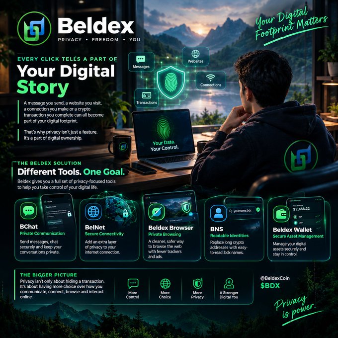 An infographic for Beldex ($BDX) highlighting privacy tools including BChat, BelNet, Beldex Browser, BNS, and Beldex Wallet, with the tagline "Privacy is power" and "Your Digital Footprint Matters."