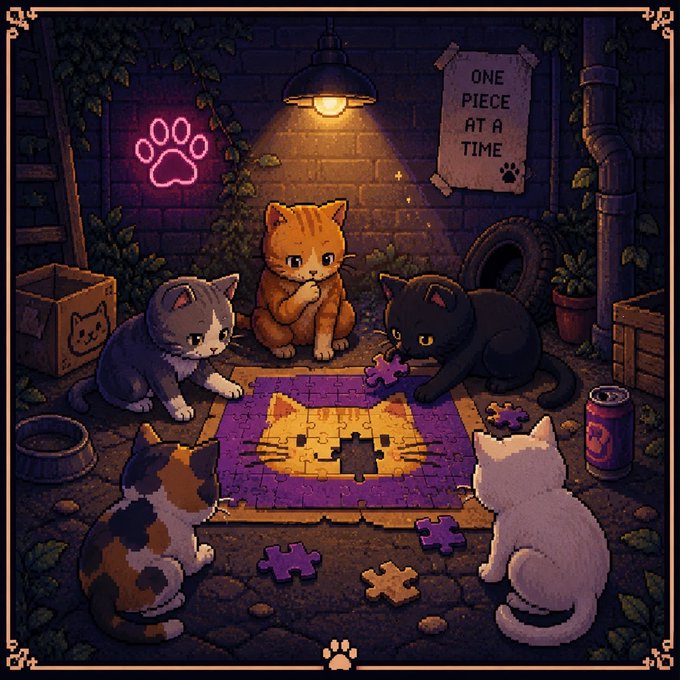 A group of stray cats gathers in a dimly lit alley under a hanging lamp to work together on a cat-themed jigsaw puzzle, with a posted note reading "ONE PIECE AT A TIME" and a glowing pink paw print sign adding to the detective atmosphere. The scene playfully illustrates the challenge of solving the puzzle, as the curious kittens focus intently on assembling the missing pieces.