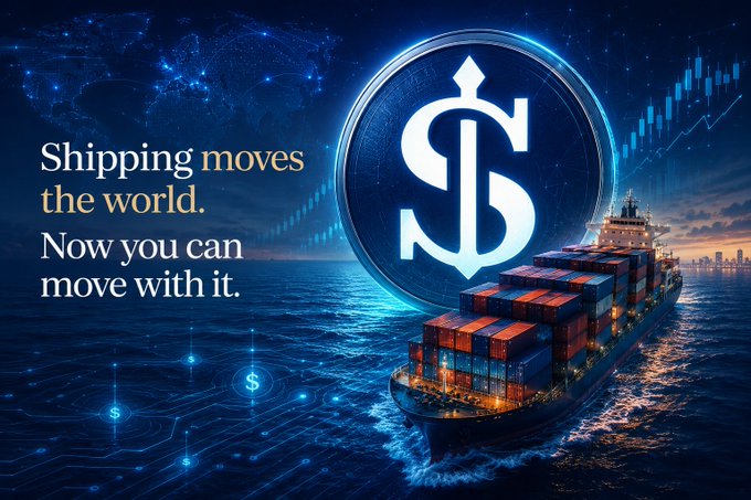 Promotional graphic with text 'Shipping moves the world. Now you can move with it.' featuring a cargo ship, a dollar sign coin, and financial chart graphics.