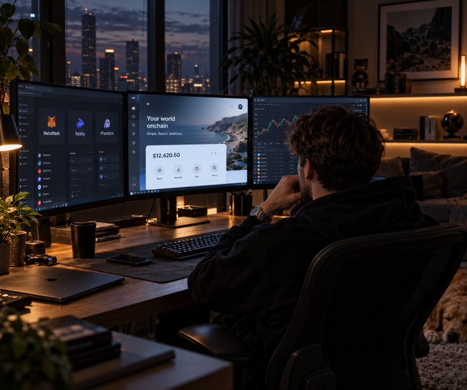 A man sits at a desk with a triple-monitor setup showing crypto trading dashboards, including 'Your world onchain' with a balance of $12,420.50, looking out a window at a city skyline at dusk.