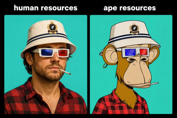 The image shows a side-by-side comparison titled "human resources" and "ape resources," featuring a man and a cartoon ape dressed identically in white bucket hats with emblems, 3D glasses, red plaid shirts, and cigarettes. The humorous juxtaposition plays on the popular NFT culture term "ape" used for enthusiasts, suggesting that both humans and "apes" (crypto/NFT collectors) share the same trendy aesthetic and vibe.