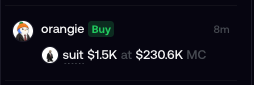 A chat message from 'orangie' (8m ago) with a green 'Buy' tag, reading 'suit $1.5K at $230.6K MC'.