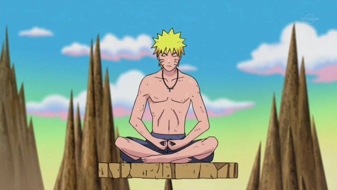 An animated illustration of the character Naruto sitting shirtless in a meditative pose on a wooden plank, set against a green landscape with spiky brown rock formations.