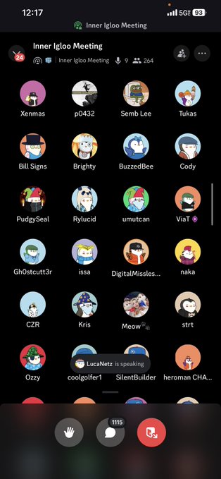 A screenshot of a Discord server called 'Inner Igloo Meeting' shows multiple user avatars in a grid, with a notification indicating 'LucaNett is speaking' and 264 members online.
