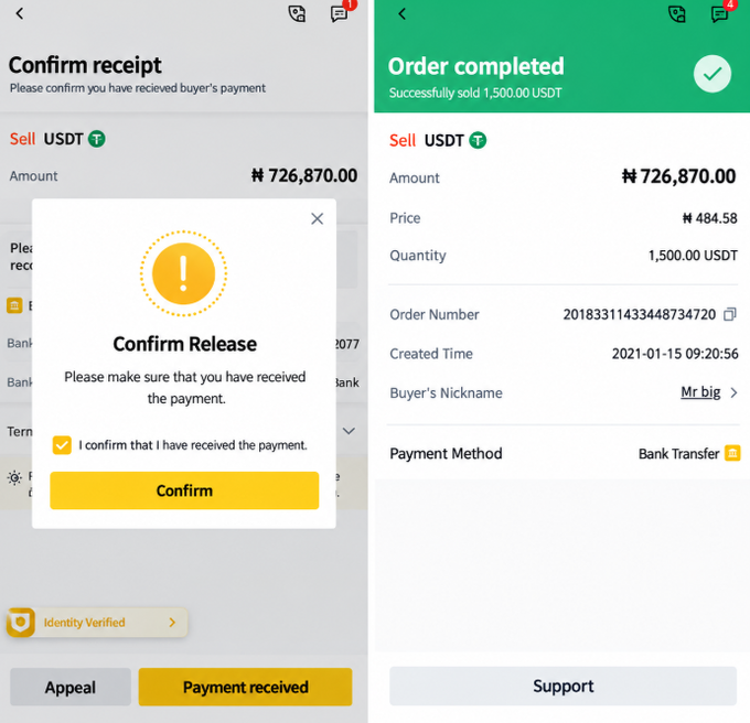 Two mobile app screenshots showing the process of selling USDT for Naira, featuring a 'Confirm Release' popup and a green 'Order completed' screen.