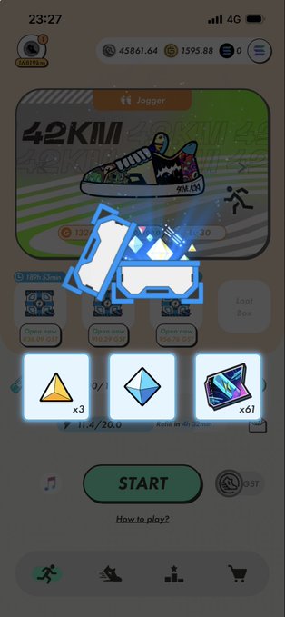 The image shows a screenshot of the STEPN app displaying a sneaker NFT collection, specifically highlighting the "OG MB5 R18045" sneaker with a level of 42KM Jogger, accompanied by three reward boxes (including 61 gems/tickets) ready to be opened via the START button. This visual relates directly to the post about collecting 61 tickets from this particular OG MB5 sneaker in the STEPN move-to-earn game.