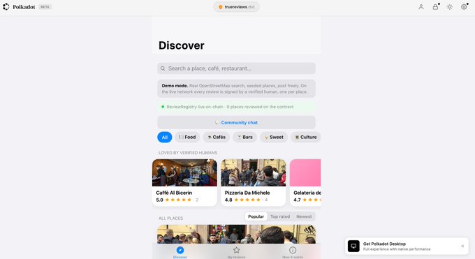 A screenshot of Polkadot's Polkadotters.Review web app, featuring a 'Discover' page with search for places, food category filters, and top-rated venues like Caffè Al Bicerin and Pizzeria Da Michele.