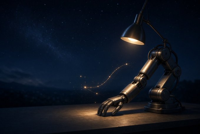 A nighttime scene featuring a metallic robotic arm on a surface under a glowing desk lamp, with glowing particle trails swirling around it against a backdrop of a starry sky and distant city lights.