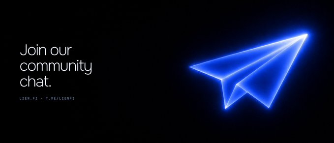 A dark promotional graphic featuring a glowing blue paper airplane icon with text reading 'Join our community chat' along with 'LIEN.FI - T.ME/LIENFI'.