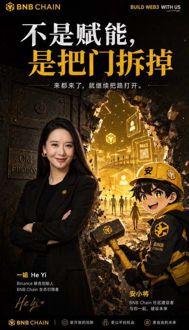The image features a poster for a video game called "BNB Chain" with two characters, one of whom is wearing a hard hat. The poster includes text that reads "BNB Chain", "Build Webs With Us", and "BNB Chain". There are also some Chinese characters on the poster.