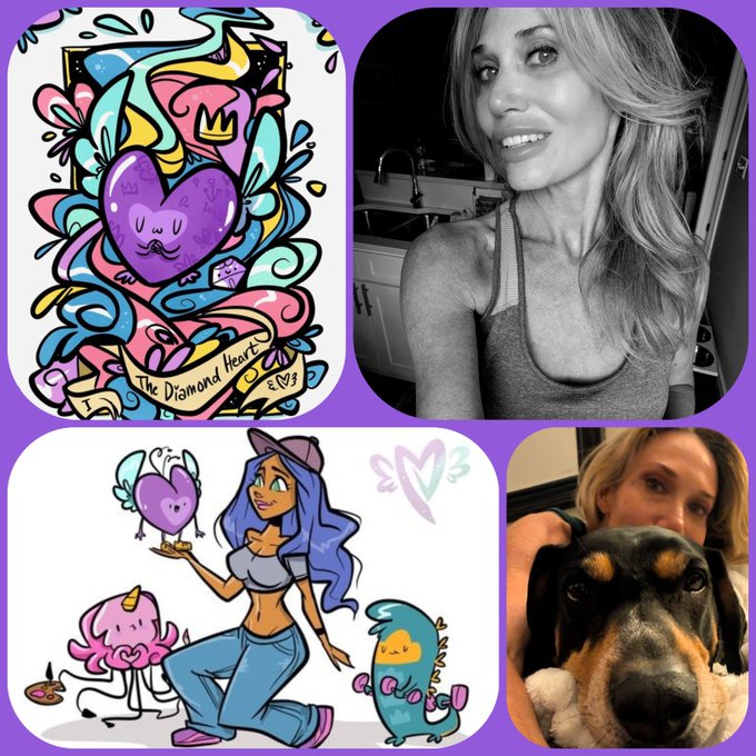 A purple-bordered grid collage featuring four images: a colorful tattoo-style illustration labeled 'The Diamond Heart' with the number '3', a black-and-white selfie of a smiling blonde woman, a cartoon of a blue-haired woman with magical creatures, and a photo of a woman holding a tricolor dog.