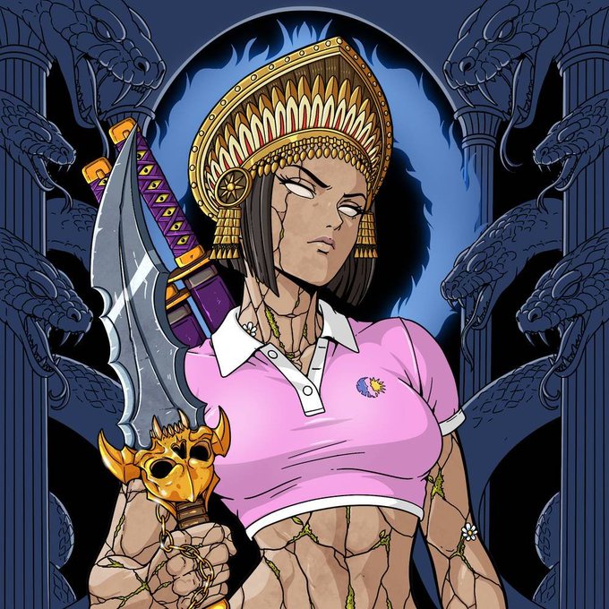 An anime-style illustration of a female warrior character with a sword and skull-topped staff, wearing a pink polo shirt with a sun/moon logo and a traditional ornate headdress, set against a blue background with serpent pillars.