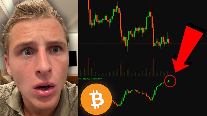 A young man with blonde hair appears alarmed on the left side of the image, while the right side displays a Bitcoin candlestick chart with a red arrow pointing to a circled price movement near the "289.700K - 289.780K" range. The Bitcoin logo is visible, reinforcing the video's alarming message about an upcoming significant price movement.