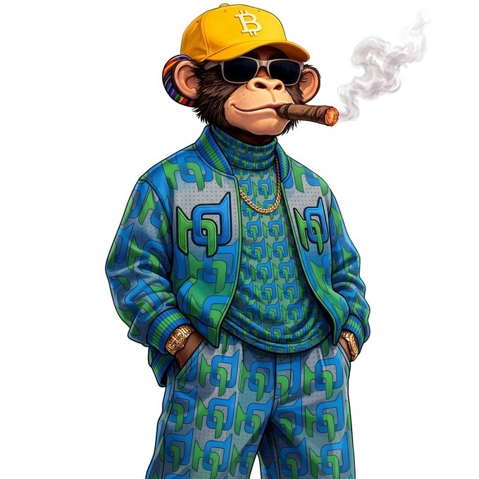 An illustration of a stylized monkey dressed in a blue and green patterned tracksuit, gold chains, sunglasses, and a yellow Bitcoin cap, smoking a cigar.