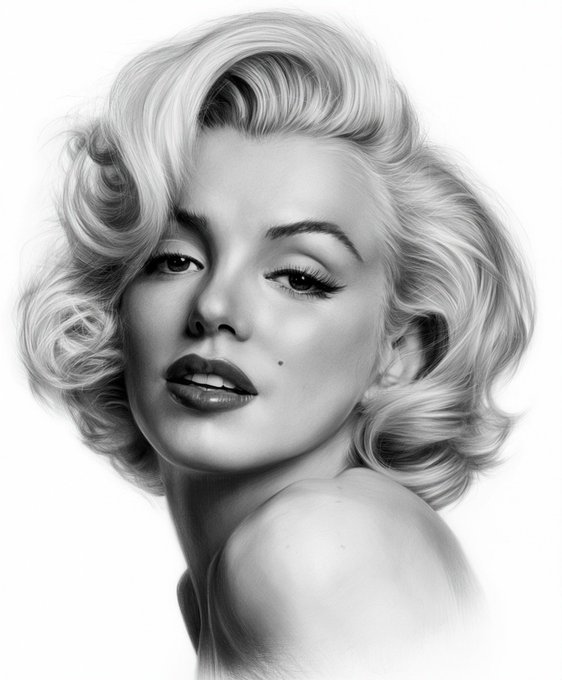 A black and white artistic portrait shows a woman with platinum blonde curly hair, classic Hollywood-style makeup, and a beauty mark, with bare shoulders against a white background.