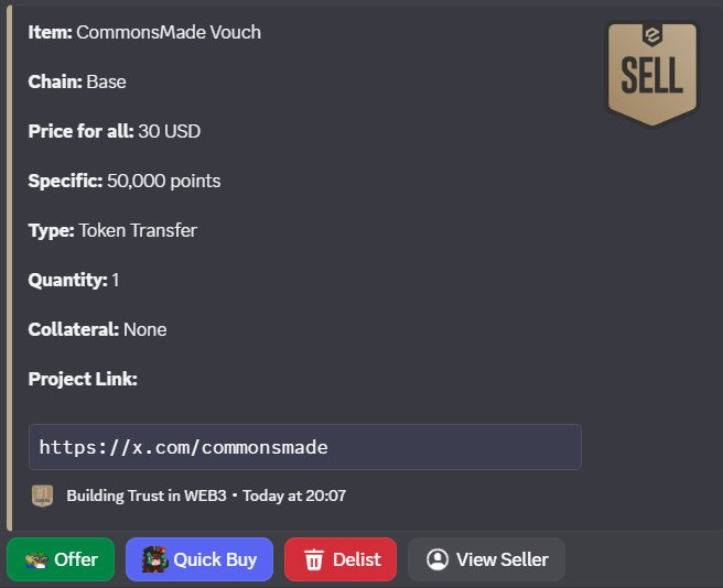 A dark-themed marketplace listing interface showing a 'CommonsMade Vouch' item for sale on the Base chain for 30 USD, with details including 'Specific: 50,000 points', 'Type: Token Transfer', and a project link to x.com/commonsmade.