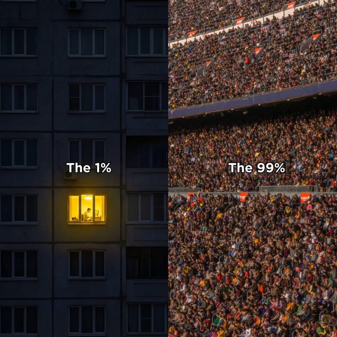 A lone illuminated apartment window labeled "The 1%" sits beside a vast stadium crowd labeled "The 99%," illustrating the contrast between concentrated wealth and the masses. The caption "They called it luck. We call it BUIDL" reframes the visual metaphor, suggesting that what appears as fortunate success for the few is actually the collective labor and effort of the many.