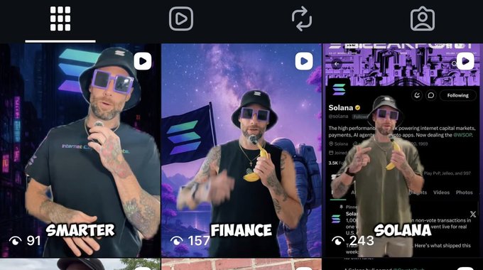 A screenshot of a social media feed featuring three short videos with view counts of 91, 157, and 243, labeled 'SMARTER', 'FINANCE', and 'SOLANA' (showing the official @solana account).