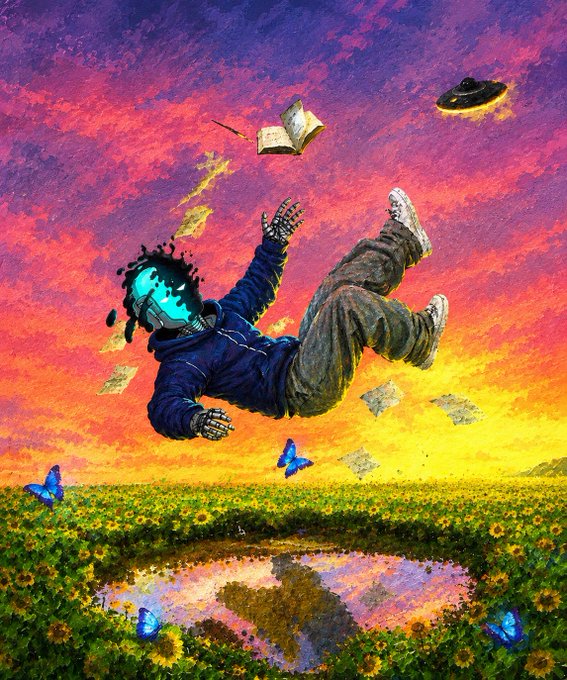 A surreal digital artwork depicting a hooded figure with a glowing face falling through a vibrant sunset sky with scattered papers and books, above a field of sunflowers with butterflies and a UFO.