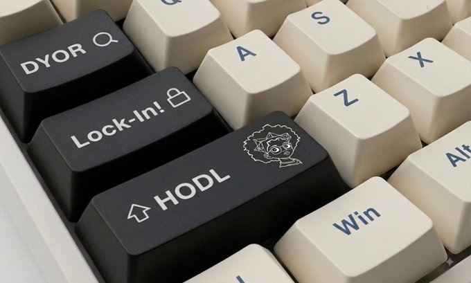 A custom mechanical keyboard features black keycaps labeled "DYOR" with a magnifying glass icon, "Lock-In!" with a padlock icon, and "HODL" with an up-arrow, alongside a key with an Afro Inu logo, visually reinforcing the post's message to stay focused on the $AFRO token.