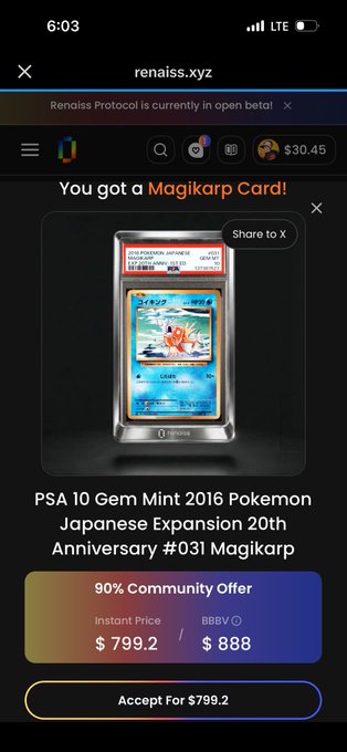 A screenshot from renaiss.xyz showing a newly acquired "PSA 10 Gem Mint 2016 Pokemon Japanese Expansion 20th Anniversary #031 Magikarp" card available for $799.2 (90% Community Offer, BBV $888). The image ties to the post's theme of "fishing" for rare Pokémon cards, humorously framing the Magikarp pull as a successful catch worthy of celebration.