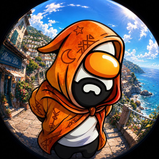 The image features a cartoon-style character wearing an orange hooded robe with mystical symbols, set against a fisheye-lens backdrop of a Mediterranean coastal town with a "Mare Blu" shop sign visible. This whimsical, collectible-style character illustration aligns with the post's promotion of a retro NFT collection on mainnet, where the artist's creativity and charm are highlighted as key value drivers.