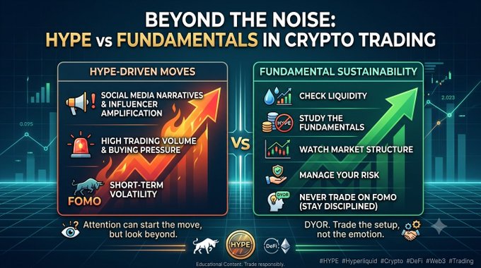 This educational infographic contrasts hype-driven crypto trading with fundamental sustainability, listing hype factors (social media narratives, high volume/buying pressure, short-term volatility) against fundamentals (liquidity checks, studying fundamentals, market structure, risk management). It features hashtags #HYPE #Hyperliquid #Crypto #DeFi #Web3 #Trading, with the accompanying post emphasizing that while hype can spark price movements, fundamentals ultimately determine long-term sustainability.