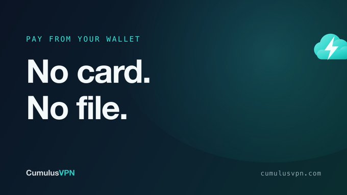 A CumulusVPN advertisement features the tagline "PAY FROM YOUR WALLET — No card. No file." alongside the brand logo and website (cumulusvpn.com), visually reinforcing the message that payments are made directly from users' own crypto wallets without requiring any personal or payment information to be stored.